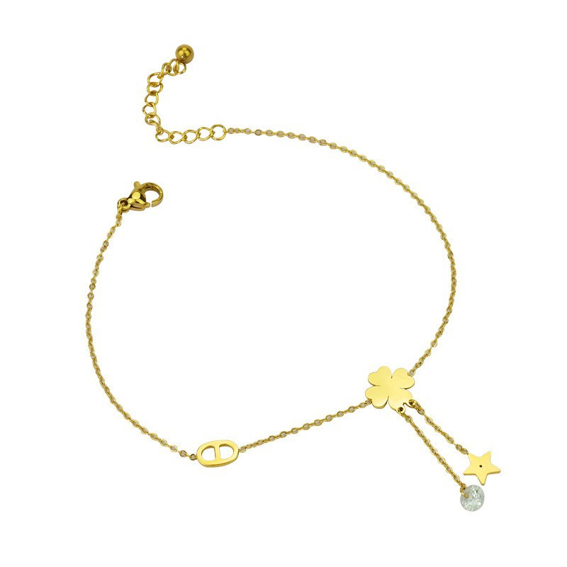 Cálido trébol de cuatro hojas para mujer nuevo diseño de nicho de oro de 14K Cadena de pie de alto grado colgante de estrella de cinco puntas adornos de acero de titanio