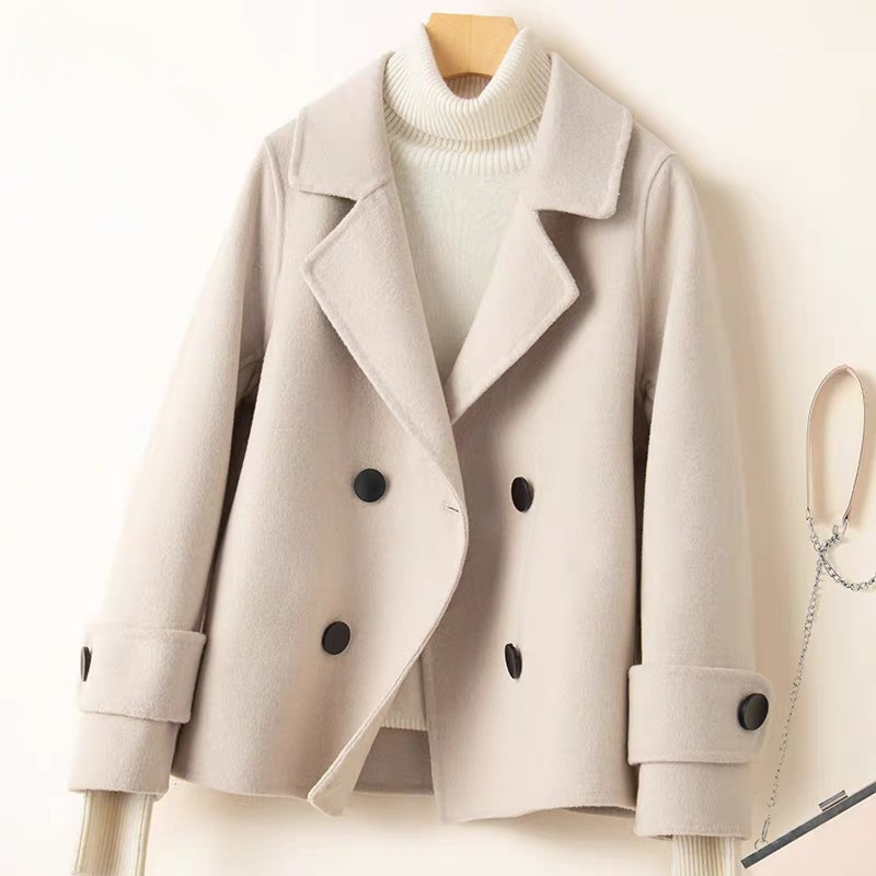 New Double-Sided Cashmere Coat for Women, Hepburn Style, Petite Size, Pure Wool Woolen Jacket with Suit Collar, High-End and Elegant