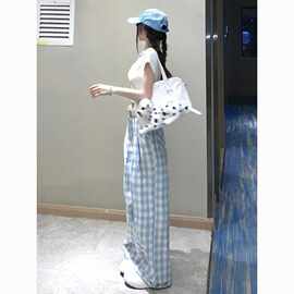 蓝白格子阔腿裤女夏季设计感高腰宽松垂感拖地小清新休闲显瘦长裤