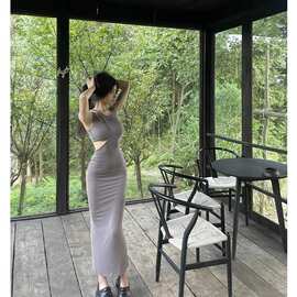 TZ2616夏2023新款女设计感灰色纯欲风连衣裙气质修身显瘦长款裙