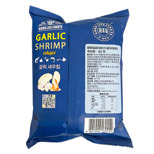 Korean Qulai Fu Garlic Flavor Shrimp Chips 82g Bagged Internet-Famous Potato Chips Office Snack Puffed Snacks Wholesale