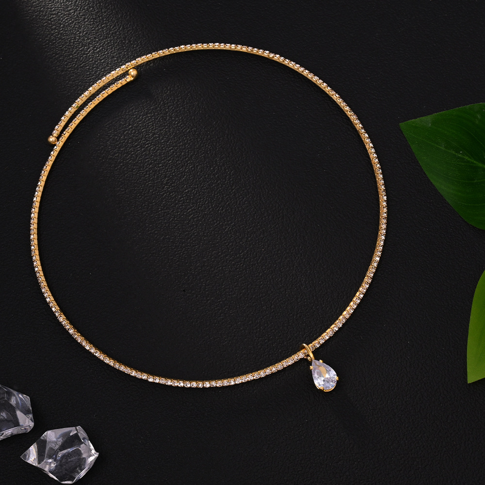 Rhinestones Inlay Material Choker Classification Copper Chain Material Elegant Simple Style Water Droplets Rhinestones Rhinestone Copper Tennis Chain Pendant Necklaces Wholesale