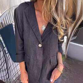 2026早秋新款文艺大码宽松纯色纽扣西服领棉麻小西装西服外套女