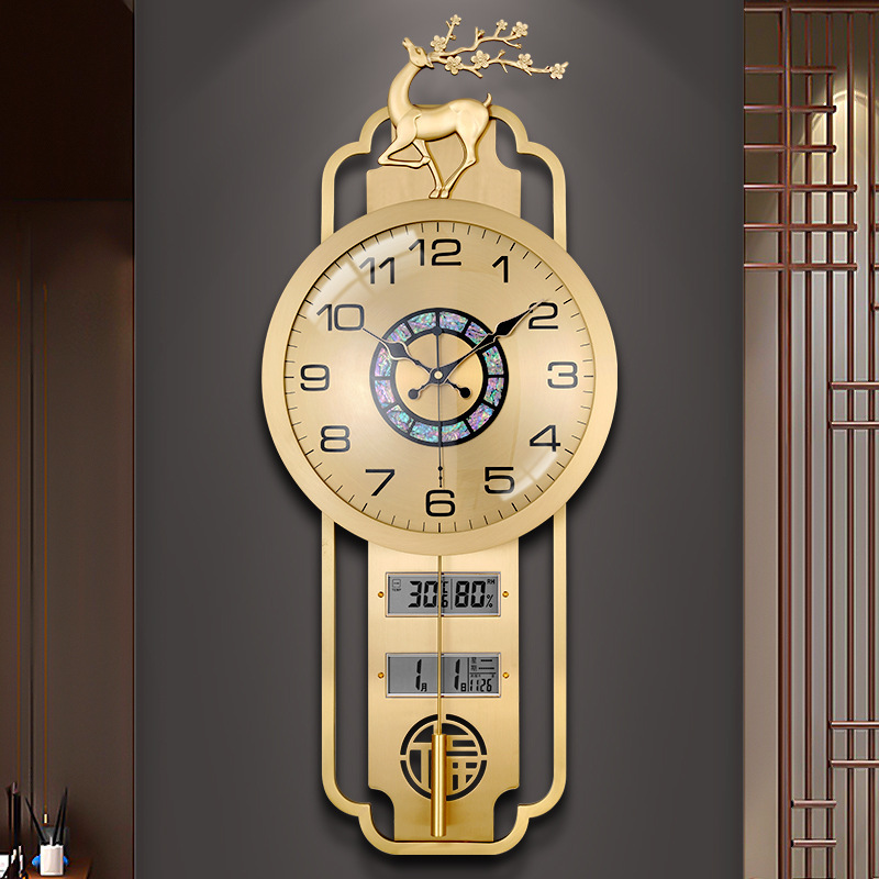 New Chinese Style Brass Wall Clock Living Room Decorative Wall Clock housewarming soft mounted clock with perpetual calendar clock silent quartz clock