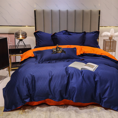 21春夏新品100支高精密纯棉提花四件套轻奢风素色相拼色床上用品|ms