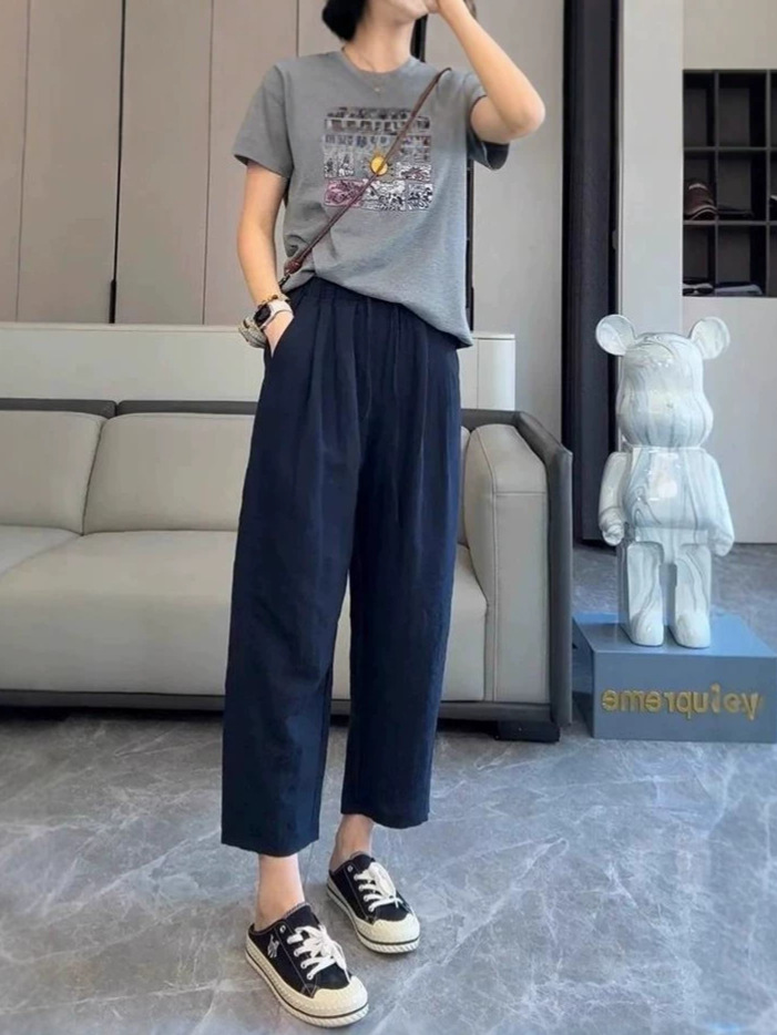 Quần culottes nữ ống rộng vải lyocell linen mùa hè dáng suông ống đứng — Xanh da trời chín phân