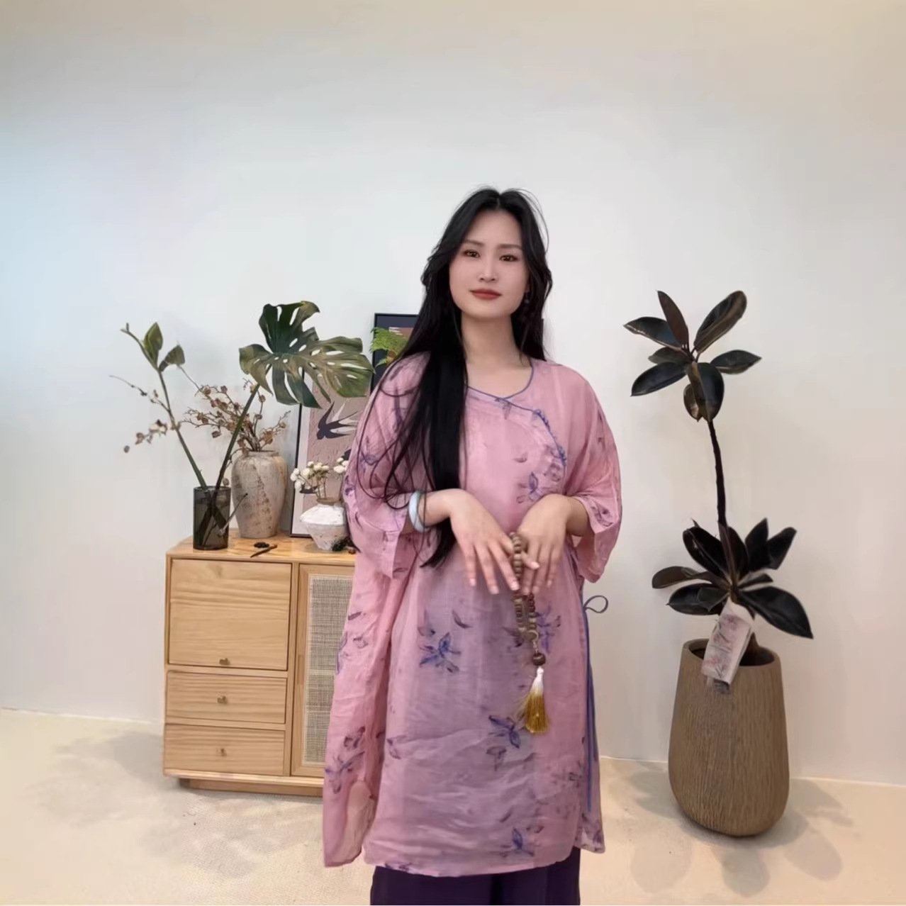 夏季新款文艺休闲印花立领中长款衬衣 时尚苎麻连衣裙女