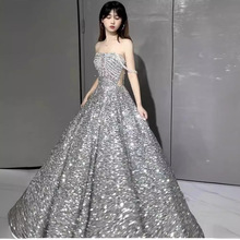 晚礼服主持人学生日成人礼艺考礼服2025新款亮闪闪银色敬酒服新娘