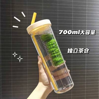 跨境新款创意网红大容量塑料水杯折叠吸管便携果汁过滤花茶杯