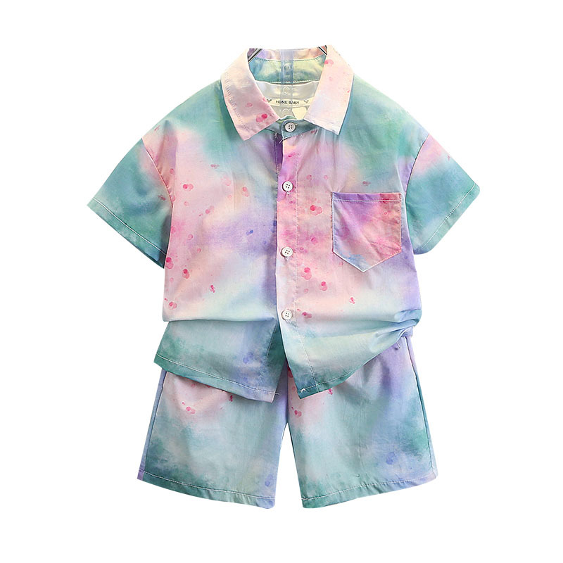 7304 traje de verano para niños, camisa de manga corta para niños guapos, pantalones cortos, verano 2025 nueva ropa de playa de vacaciones