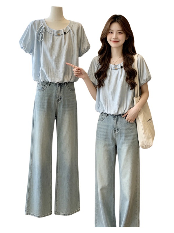Áo thun nữ tay ngắn cổ tròn chất liệu chiffon phối cườm tay bồng — màu xanh nhạt