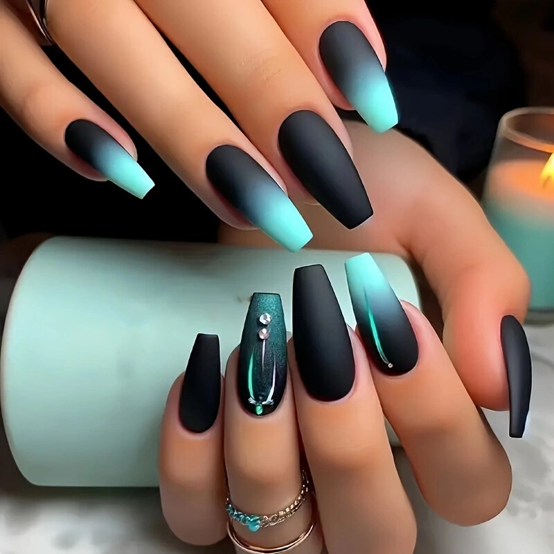Elegant matte blue gradient ballet false nails 24 pieces