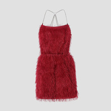 欧美新款重工流苏派对宴会晚礼服圣诞新年性感露背链条连衣裙1570