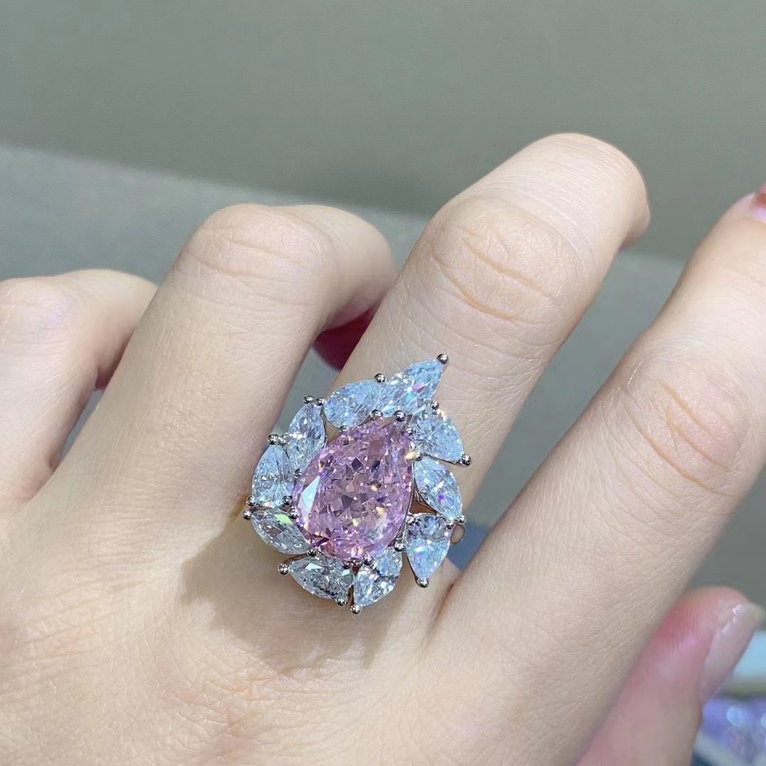 Anillo de diamante de alto carbono importado de plata esterlina con incrustaciones de 6 quilates VVS nivel en forma de gota corte Rosa anillo de diamante de alto carbono