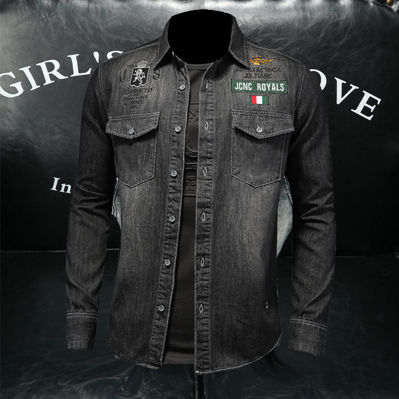 QT5027/V2227/ Camicia in denim nera da uomo in stile europeo e americano con ricamo di lettere a più punti_voghion.com