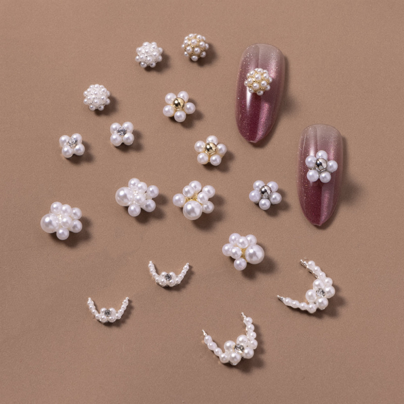 Trendy French-Style Nail Art with Stacked Rhinestones, Pearls, and Delicate Flowers; High-End Finished Product with Fine Glitter, Gentle and Versatile DIY Nail Decorations