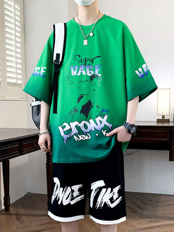 ティーンエイジャー半袖Tシャツスーツ、男の子中学生・高校生夏服、年長児純綿スポーツウェア、トレンディで涼しい薄手スタイル|undefined
