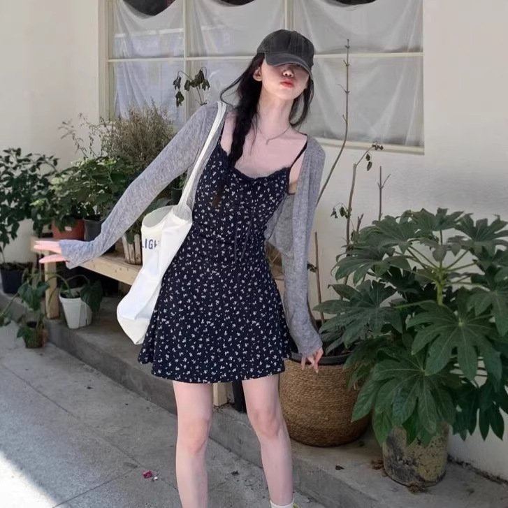Sweet and Spicy Girl Outfit Set for Petite Women: Floral Dress, Gray Cardigan, Spring Camisole Dress, Short Skirt Two-Piece Set