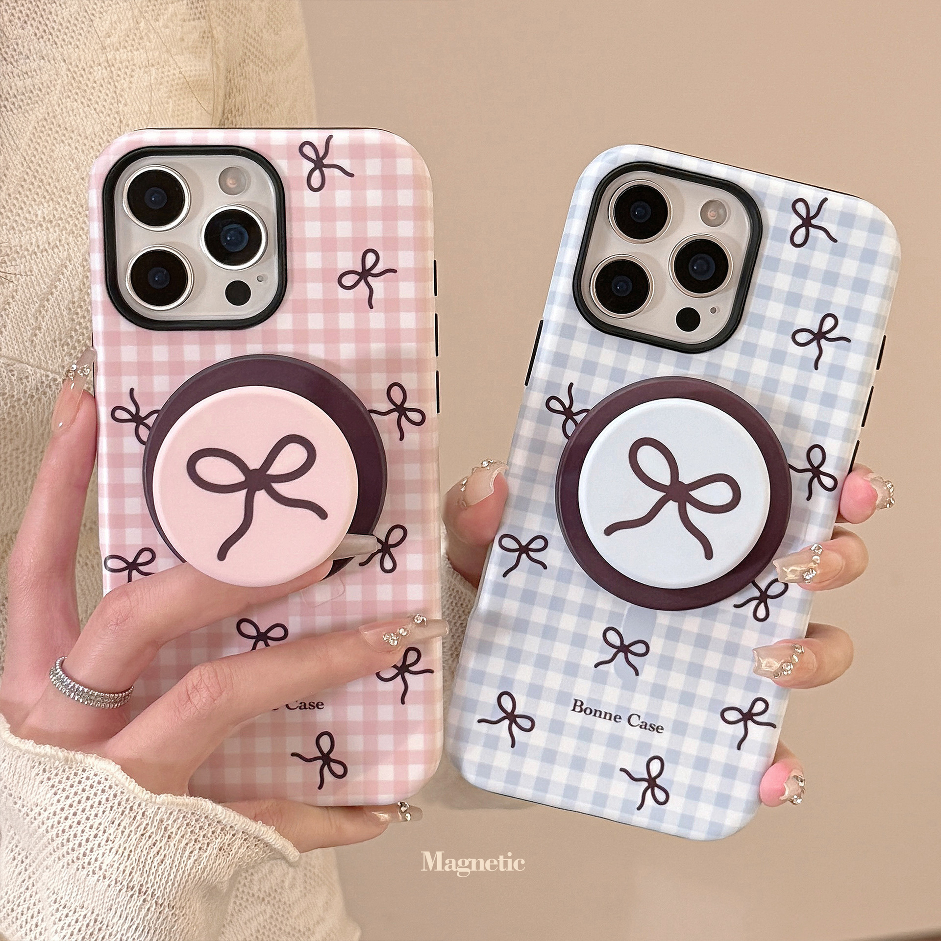 Magnetic Phone Case With Kickstand Plaid Bow Pattern For Iphone_voghion.com