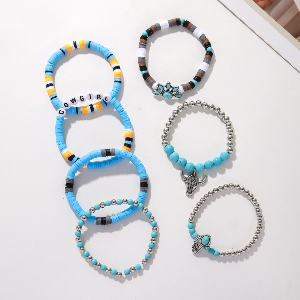 49g Weight Alloy Pendant Material Bracelets Classification Beaded, Turquoise Chain Material 1 Set Quantity Daily Occasion Beaded, Alloy, turquoise Material Cross, Cattle, Boots Pattern Women's Gender Retro Style Retro Cross Cattle Boots Beaded Alloy Turquoise  Beaded Bracelets Wholesale 3