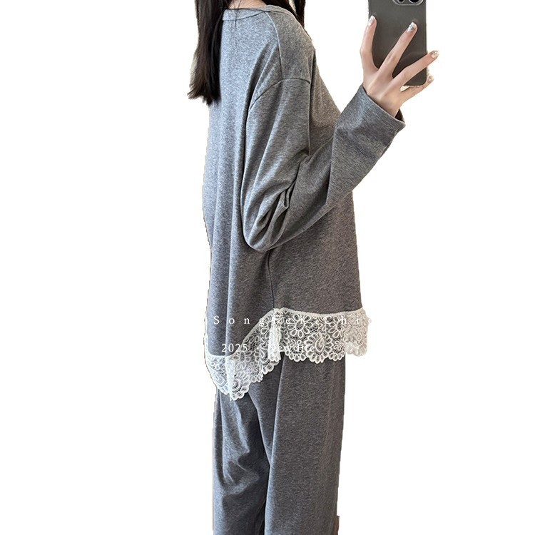 3726蕾丝圆领磨毛睡衣套装秋冬新款莱赛尔宽松柔软家居服二件套女|undefined