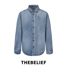 THEBELIEF2025秋冬美式高街水洗蓝色复古宽松男士牛仔衬衫外套潮