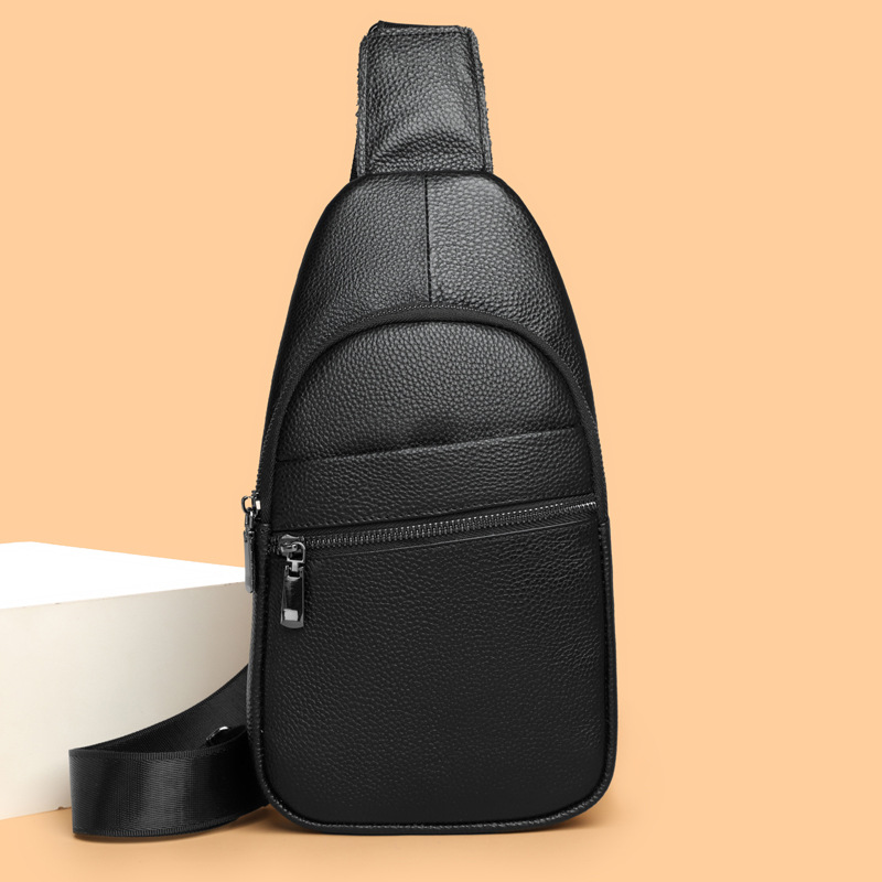 Men's genuine leather crossbody bag, genuine leather chest bag, outdoor casual versatile backpack, stylish trendy cowhide large-capacity front chest bag