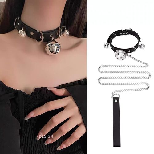 Big Bell Choker Collar PU Leather Collarbone Neck Ring Harajuku Girl Cute Maid Hot Girl Pure Desire Traction Chain