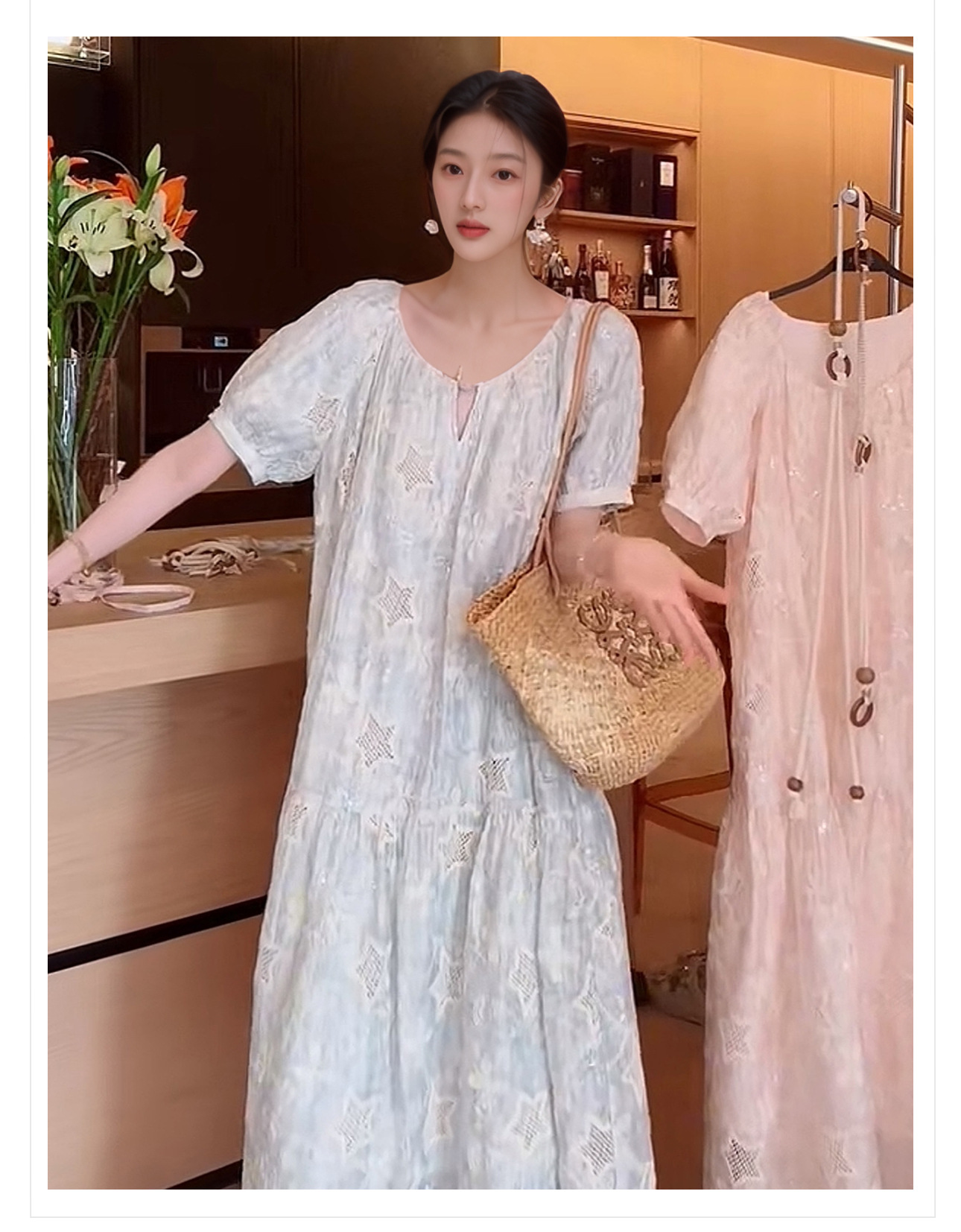 Váy maxi cổ tròn kiểu Pháp thêu ngôi sao phong cách ngọt ngào — màu xanh nhạt chi tiết 3