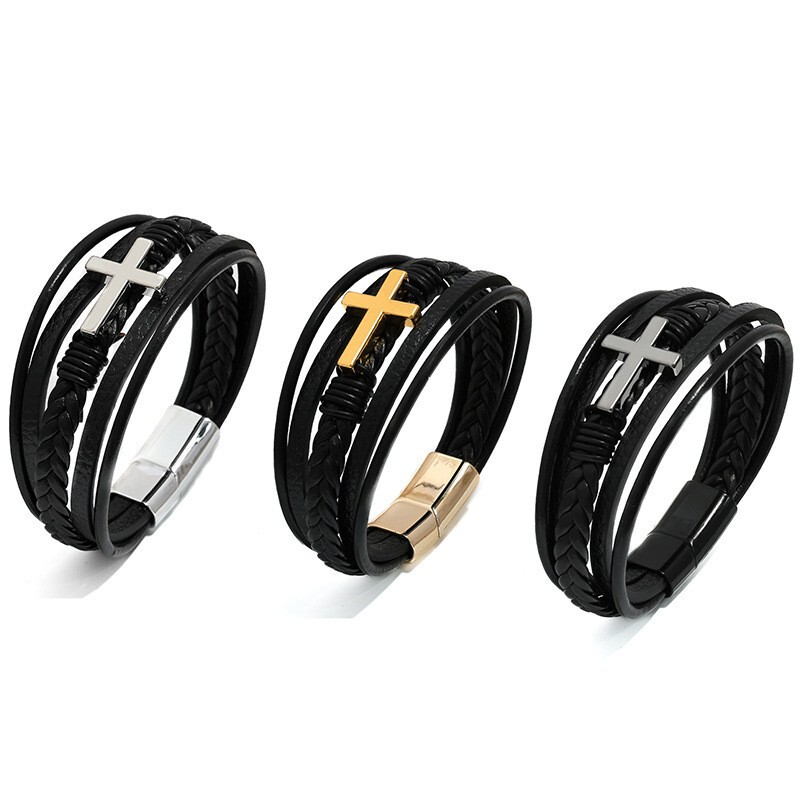 Cross-Border Hot Selling European and American Cross Leather Bracelet Men's Multi-Layer Hand-Woven Rope Magnet Buckle Genuine Leather Bracelet