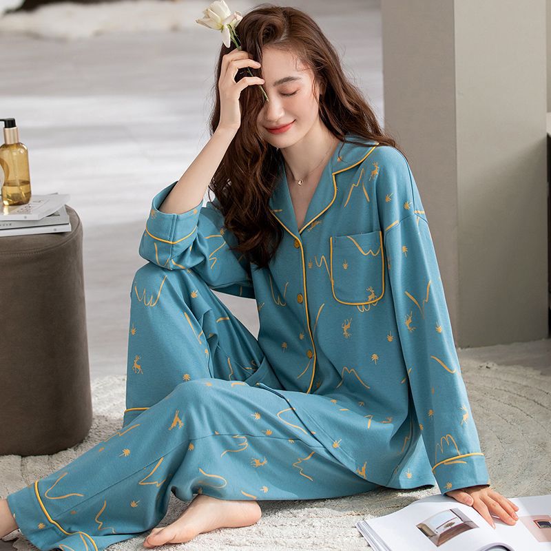 Pijamas de Otoño de las mujeres de manga larga 100% algodón primavera y otoño Otoño e Invierno cardigan verano 2023 nuevo desgaste del hogar traje de invierno