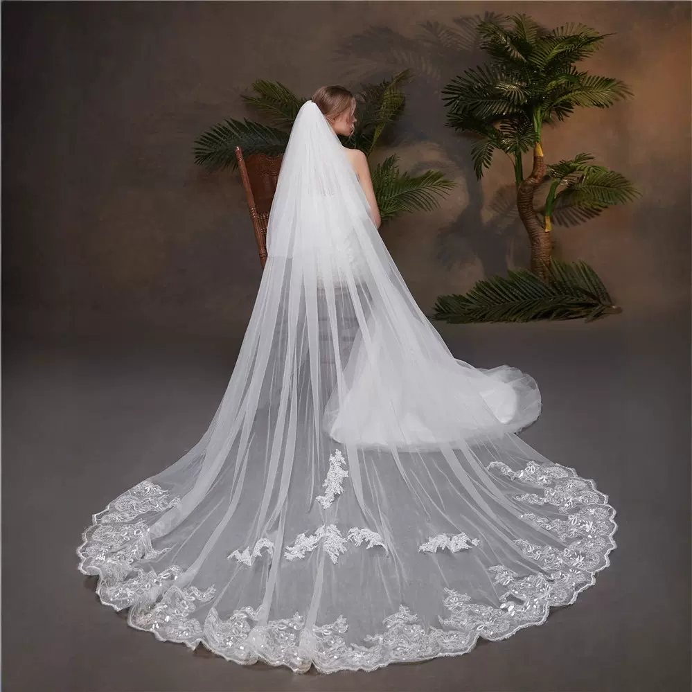 2025双层遮面亮片闪亮蕾丝红菱婚纱礼服新娘头纱长款带发梳大裙摆