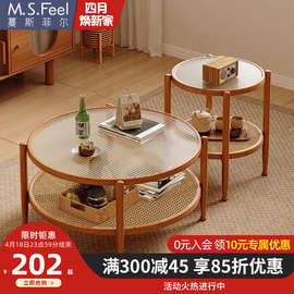 实木藤编玻璃茶几客厅家用沙发边几小户型日式圆形2024新款小桌子
