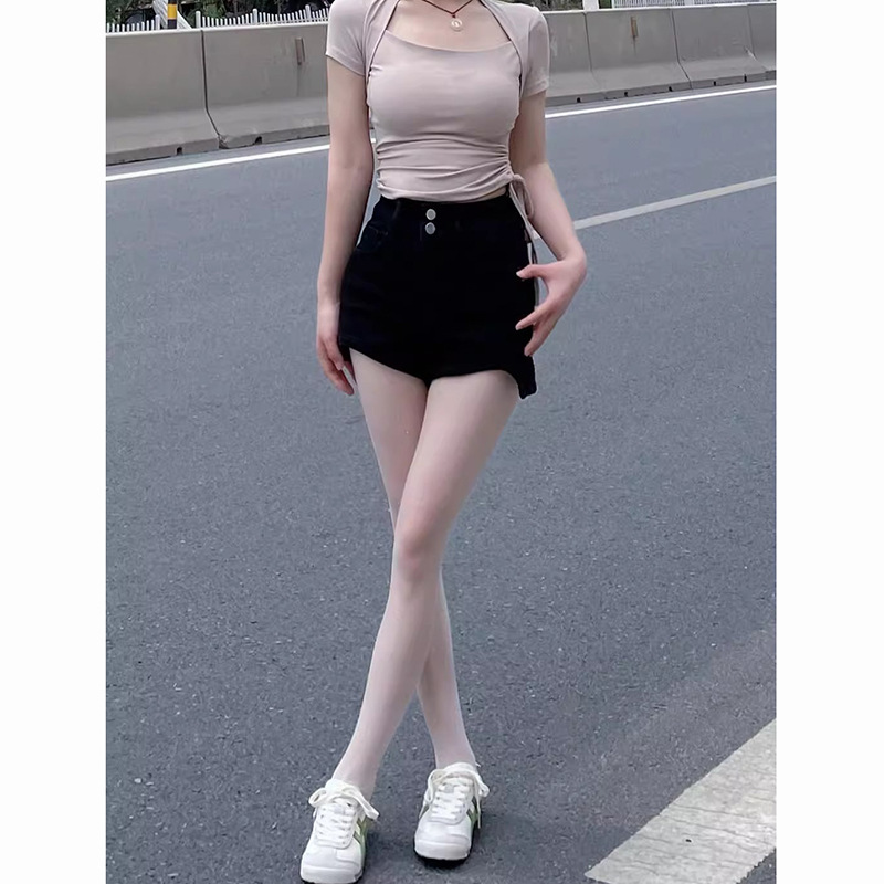 707 All-match Black Denim Shorts Women's High Waist Double-button American Style Hot Girl All-match Slim-fit Hip A- shaped Hot Pants