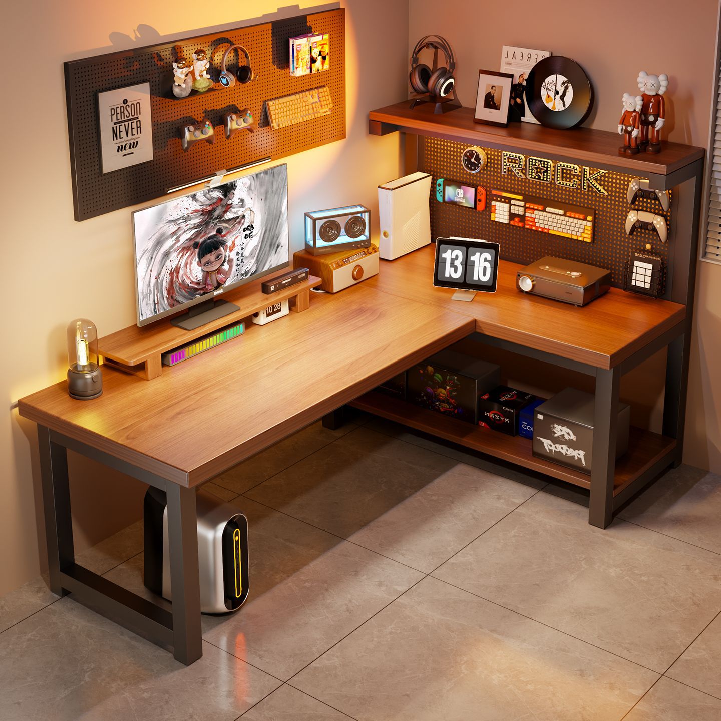 Mesa de computadora de madera sólida de esquina escritorio L-shaped hoyo tablero de escritorio integrado esquina de dormitorio casa contra la pared mesa de deportes electrónicos