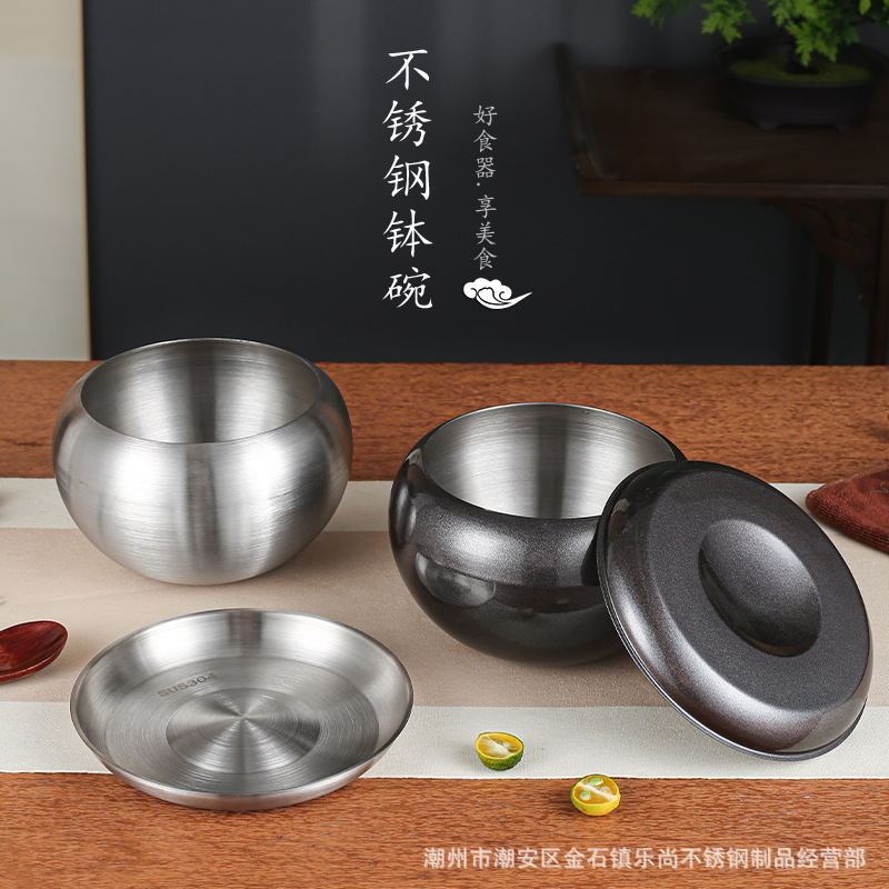 Stainless Steel Double Layer Buddhist Bowl Monks Bowl Heat Insulation Covered Alms Bowl Practitioners Bowl Religious Supplies