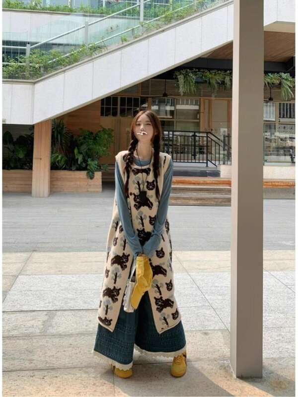 Stylish Layered Vest Dress, Lace-Trimmed Wide-Leg Denim Pants, Women's Spring and Autumn Fashion Set