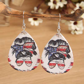 欧美跨境个性水滴人像印花墨镜皮革耳环夸张独立日皮耳饰批发货源