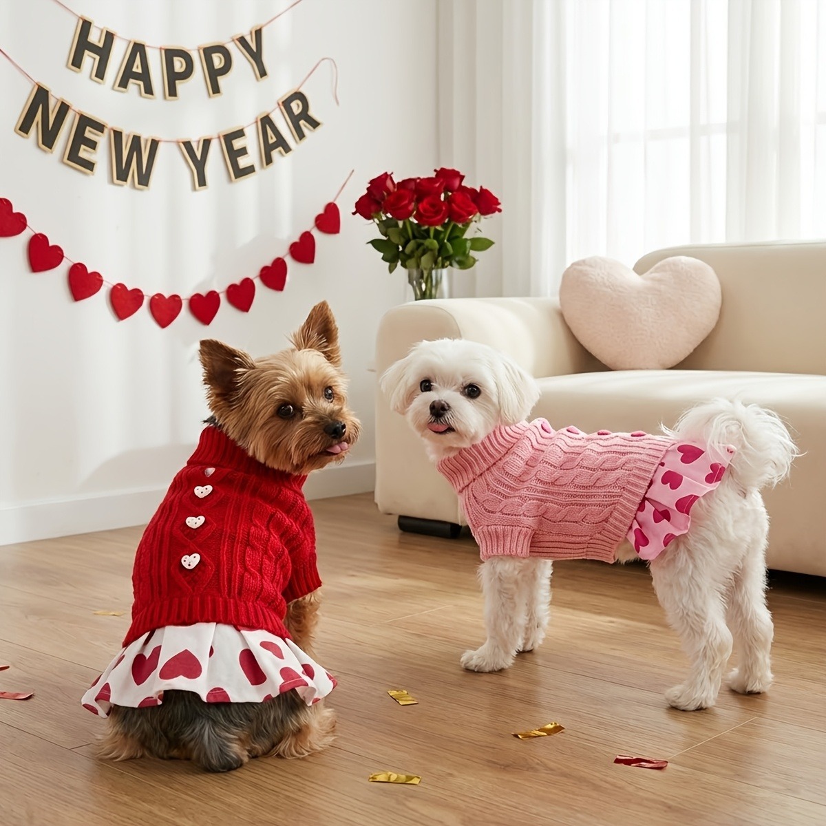 Robe pull tricotée pour chien, automne et hiver, vêtements pour animaux de compagnie, rouge, rose, motif d'amour, costume pour petit chien, Teddy Bichon