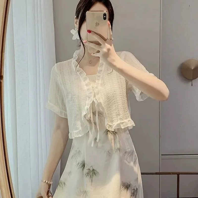 Летняя шифоновая короткая кардиган, тонкое накидка, slip dress, с коротким рукавом