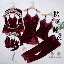 金丝绒睡衣女秋冬季蕾丝睡裙吊带睡袍四件套长袖家居服加厚保暖