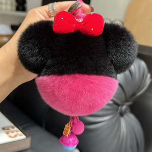 Cute Real Rex Rabbit Fur Mickey Car Hanging Rearview Mirror Decoration Doll Doll Bag Hanging Plush Keychain Gift