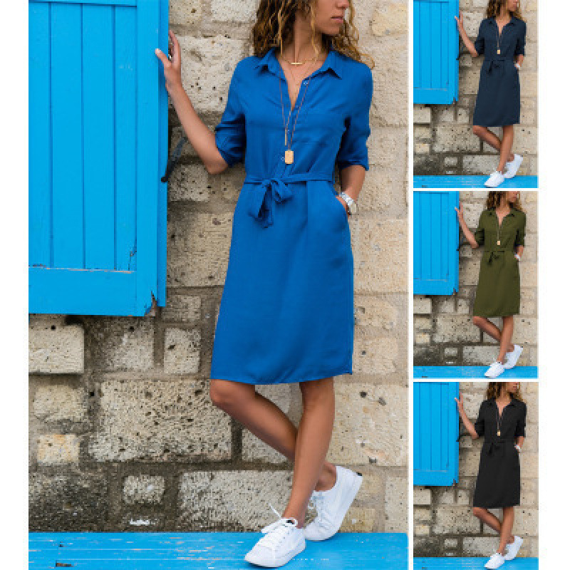 Factory 2022 AliExpress Ebay Amazon wish Fall/Winter Women's Lapel Solid Color Seven-point Sleeve Shirt dress Factory 2022 AliExpress Ebay Amazon wish Fall/Winter Women's Lapel Solid Color Seven-point Sleeve Shirt dress