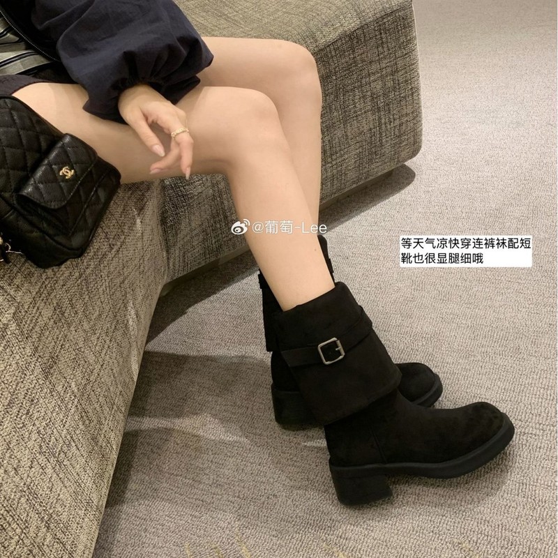 牛皮版~葡萄妈同款绒面翻折厚底裤管靴女新款圆头中筒靴马丁靴子|undefined