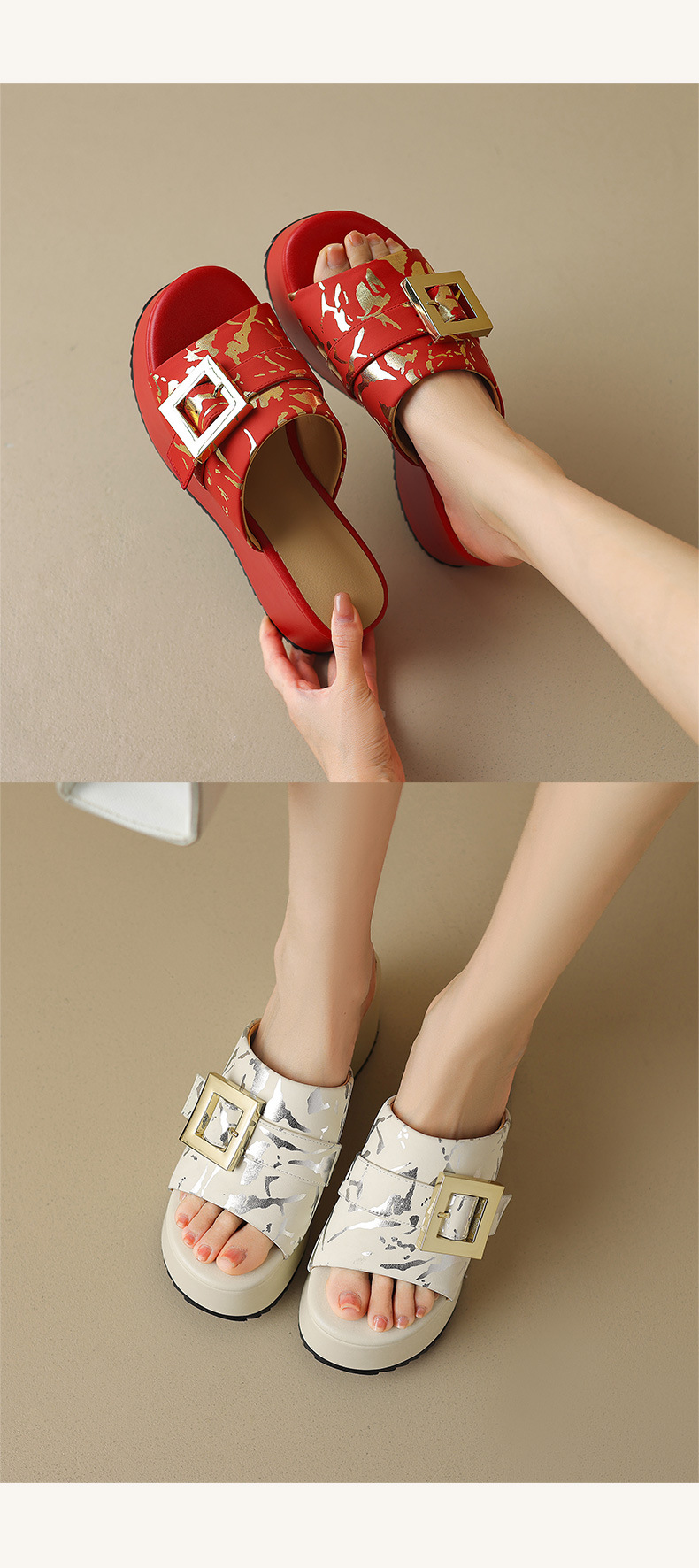 Dép quai ngang nữ đế xuồng cao gót 5 cm, phong cách thể thao mùa hè — màu trắng, màu đỏ chi tiết 8
