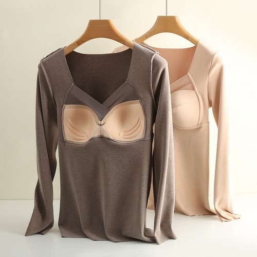 3901# Large size V-neck thermal underwear long-sleeved women's bottoming French fixed cup hair hot German velvet thermal vest