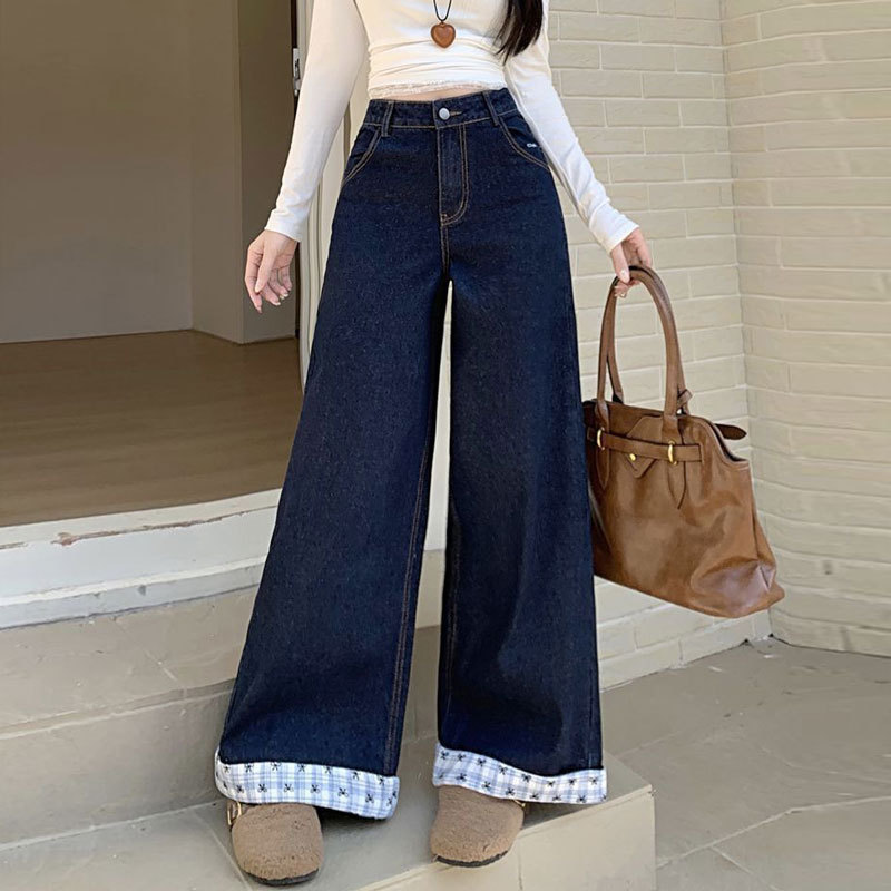 スプライシングデザイン蝶チェック柄刺繍ストレートジーンズレディースプラスサイズハイウエスト新しいファットmmルーズワイドレッグパンツ|undefined