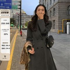 pusumede 黑色赫本风毛呢外套女高级感收腰显瘦长款气质呢子大衣