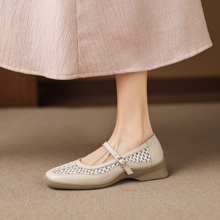 Giày ballet nữ da thật lỗ rỗng phong cách DeTrain phối lưới mùa xuân hè — màu đen, màu trắng ngà chi tiết 67