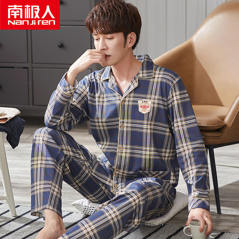 Pijamas de los hombres de manga larga de primavera y otoño 100% algodón de la Juventud de mediana edad más el tamaño de ocio ropa de casa traje